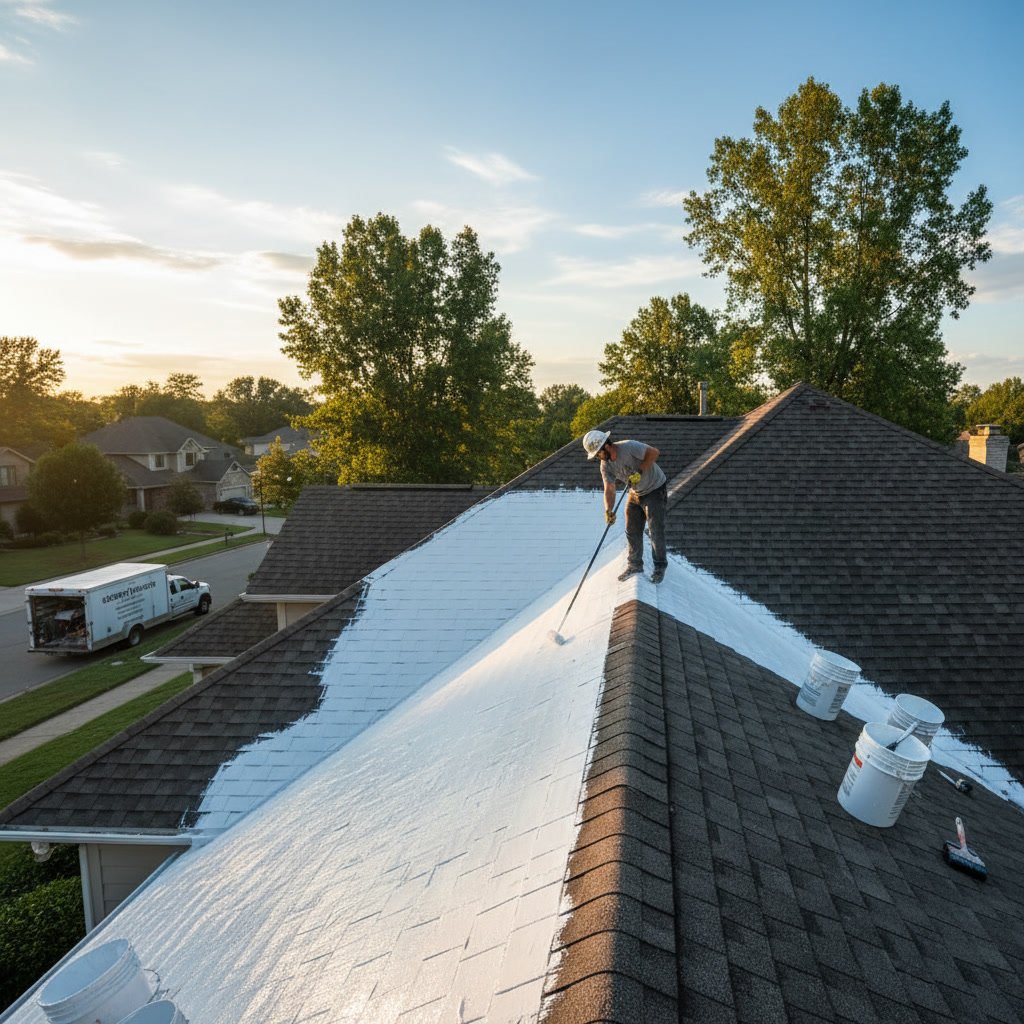 Professional application of reflective roof coating on commercial flat roof surface
