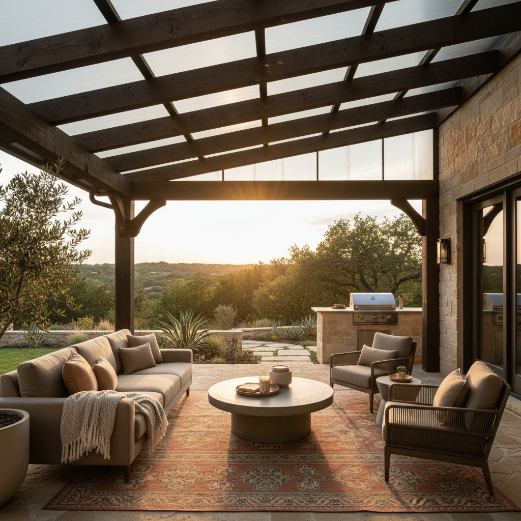 Modern standing seam metal patio cover over outdoor living space in Boerne Texas