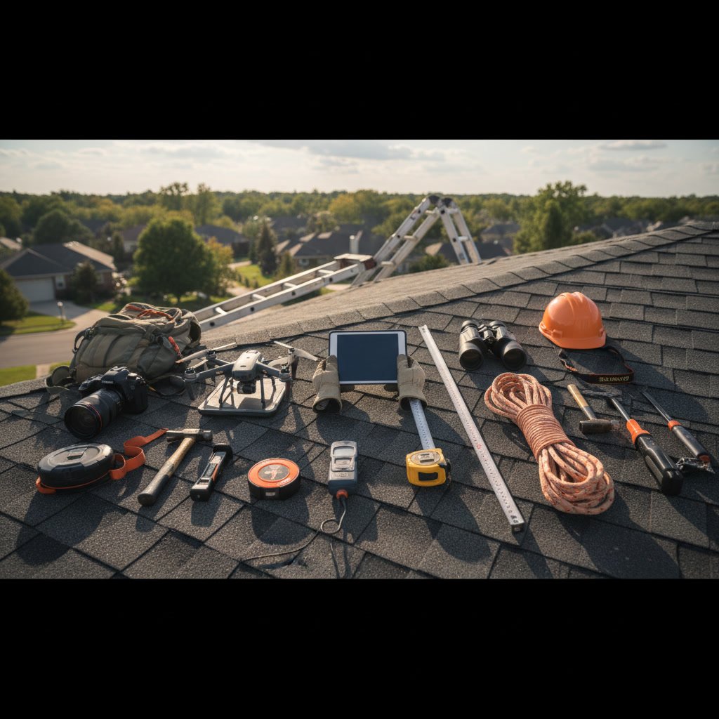 Professional roof inspector examining shingles with safety equipment and tools