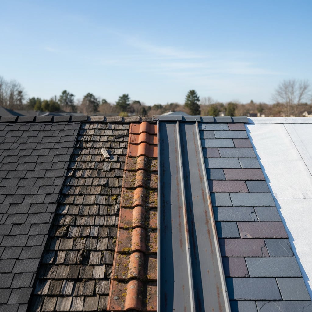 Roof damage assessment showing missing shingles and wear patterns