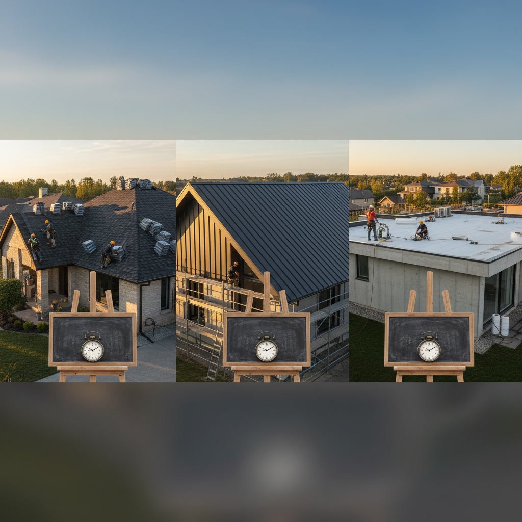 Professional roofing crew installing metal panels on residential home