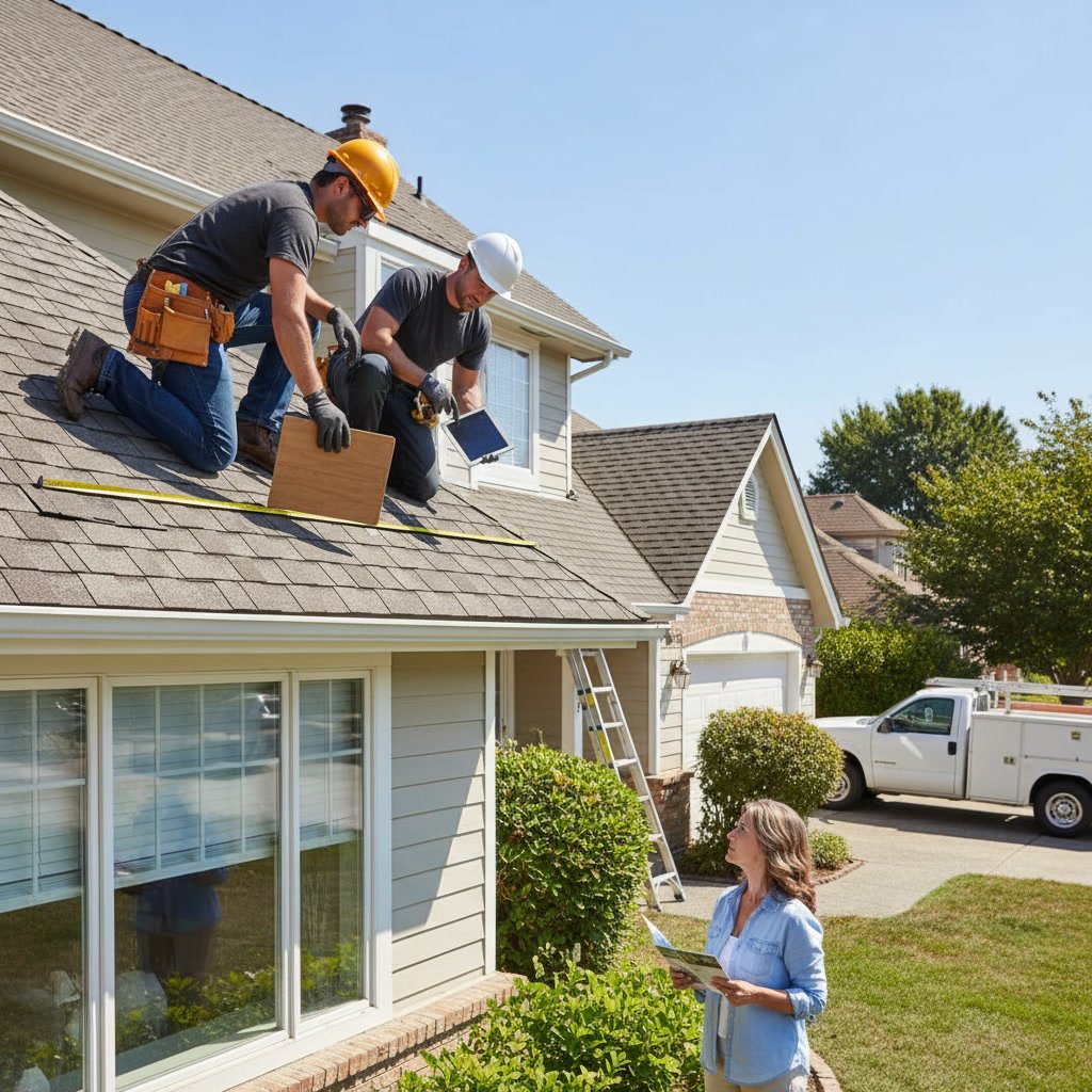 Professional contractor inspecting residential roof before replacement project