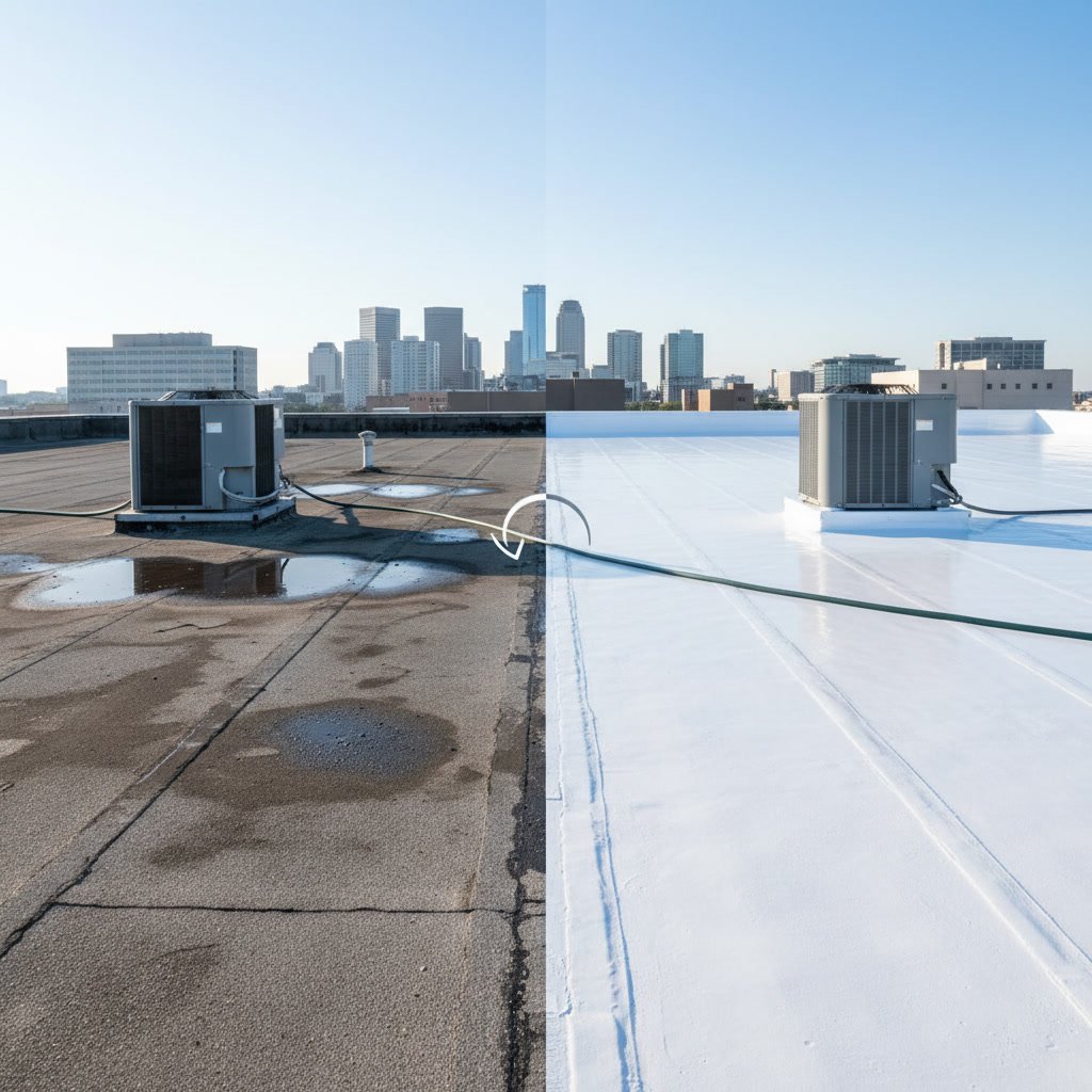 Before and after comparison of aged metal roof restored with reflective coating