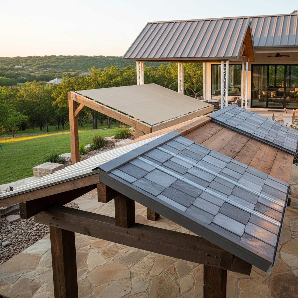 Gable roof patio cover with outdoor kitchen and seating area in Texas Hill Country