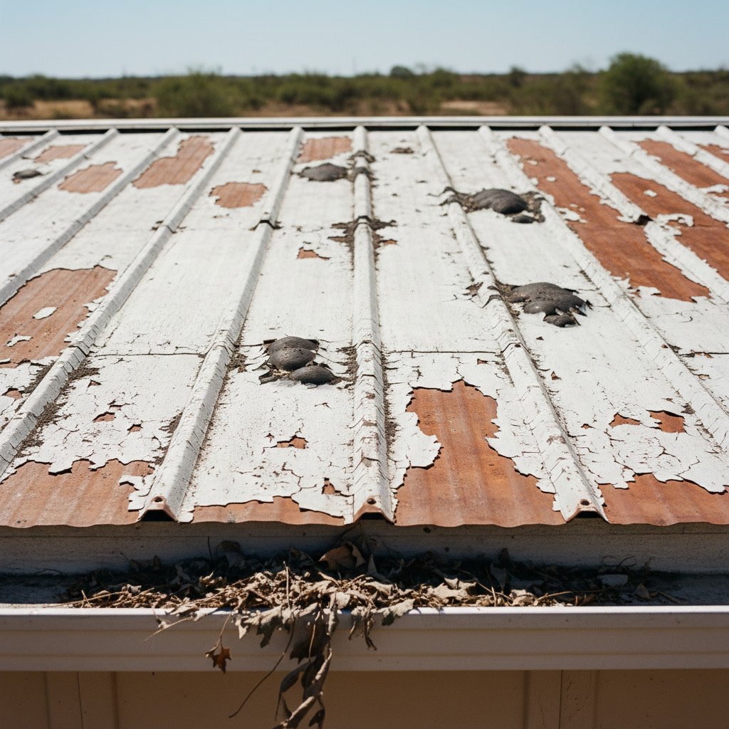 Professional applying silicone roof coating to metal roof in San Antonio