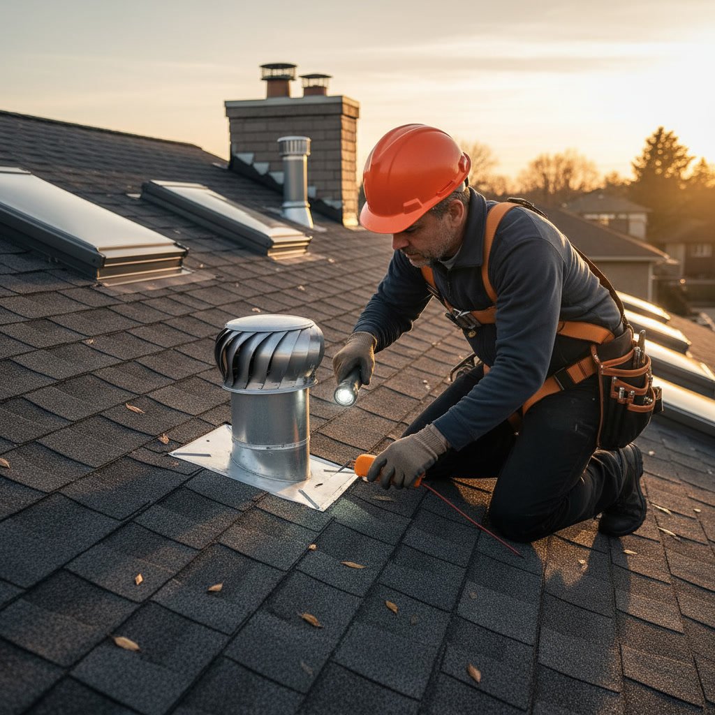 Close-up of roof inspector checking flashing around chimney and penetrations