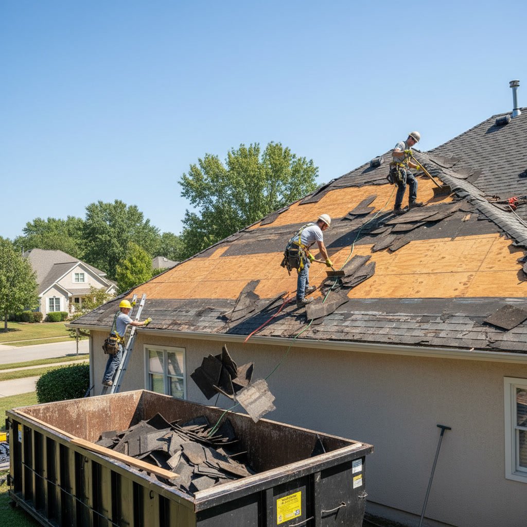 Roofing crew removing old shingles during replacement project