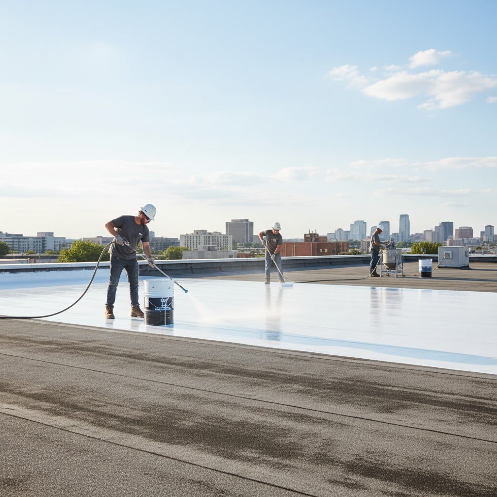 Roofing crew pressure washing and preparing commercial roof surface for coating application