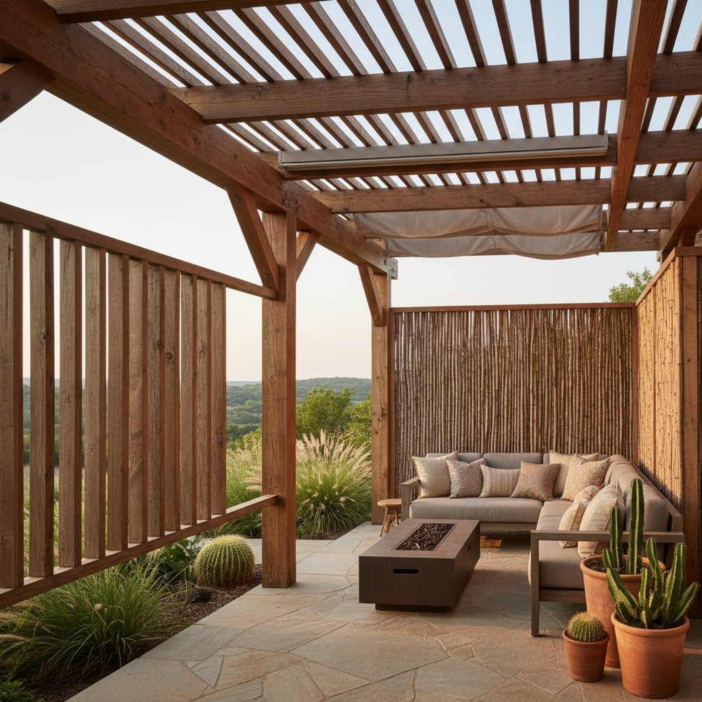 Hill Country style patio cover with stone columns and outdoor living features in Boerne