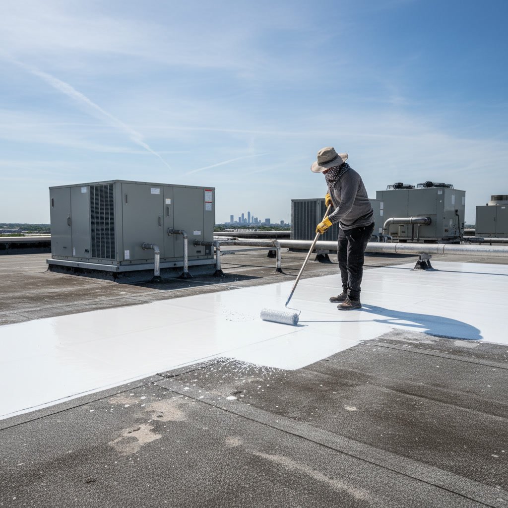White elastomeric roof coating reflecting Texas sunlight on residential home