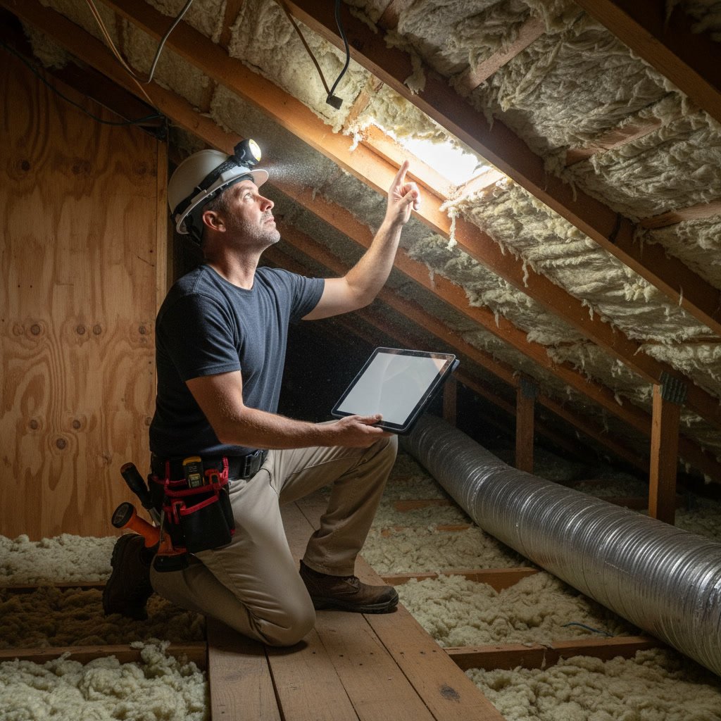 Roof inspector using moisture meter in attic to check for water damage