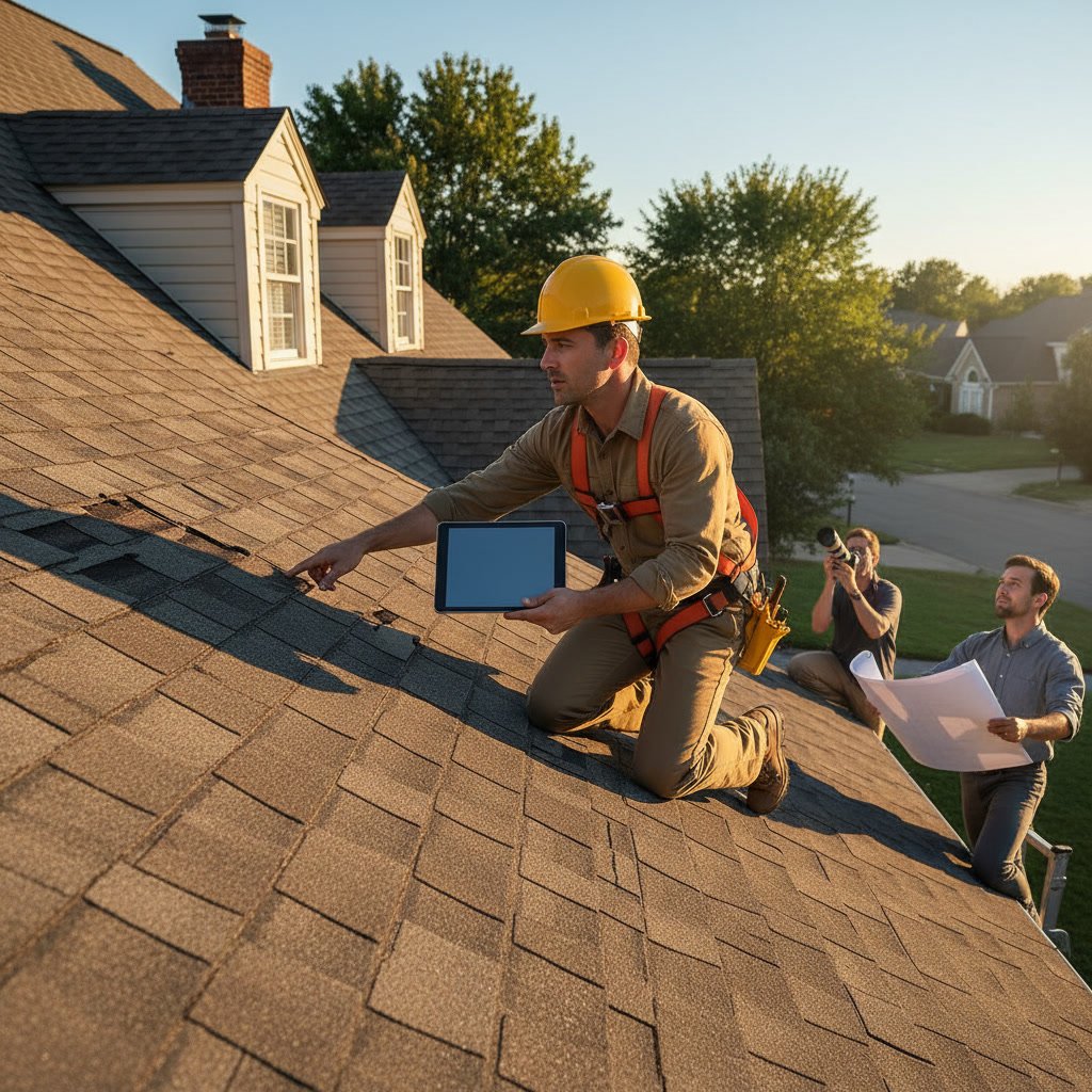 Professional roof inspector examining damaged shingles and documenting conditions