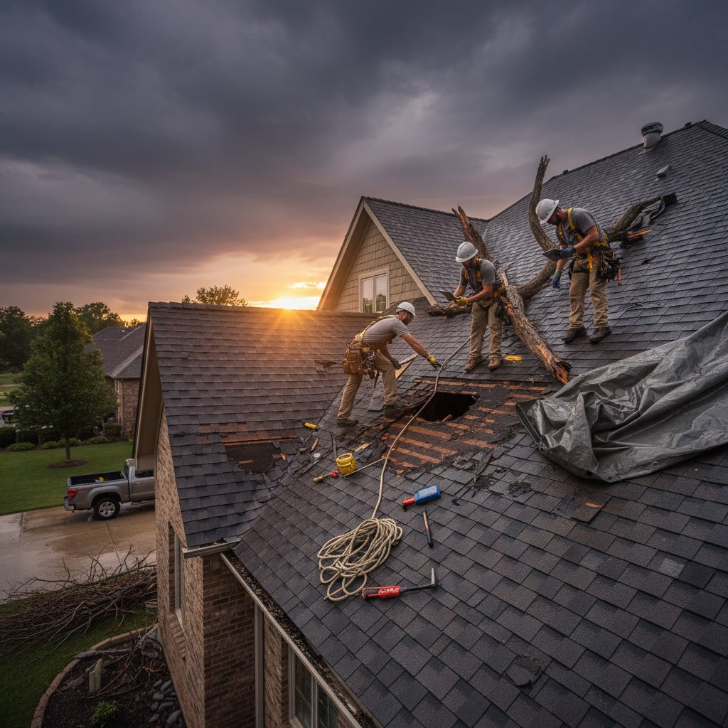 Storm damaged roof showing displaced shingles and exposed underlayment requiring repair