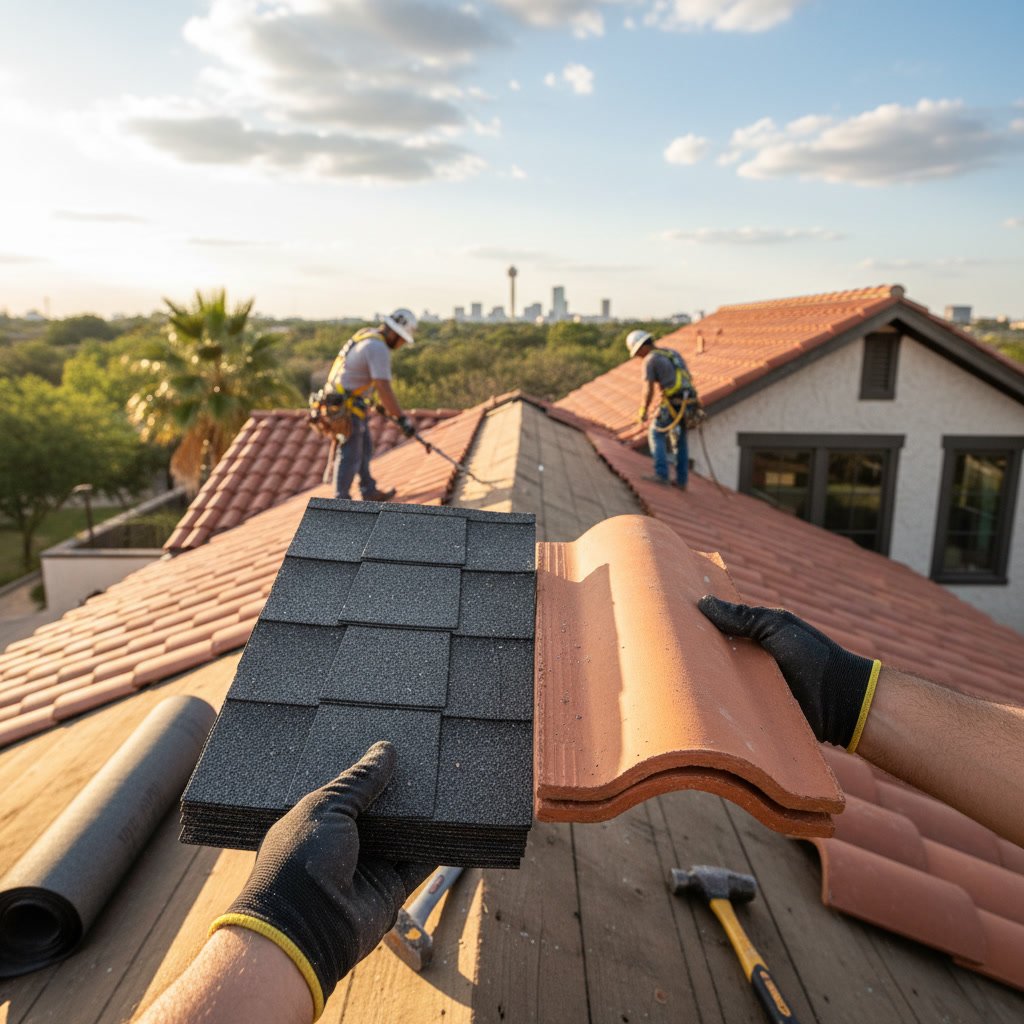 Professional roofer installing quality shingles on a San Antonio residential home