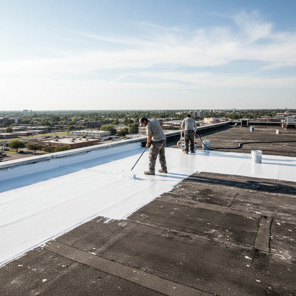 Professional roofer inspecting and applying white reflective coating to commercial flat roof