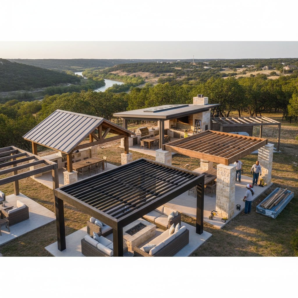 Beautiful patio cover design over outdoor living area in Boerne Texas Hill Country