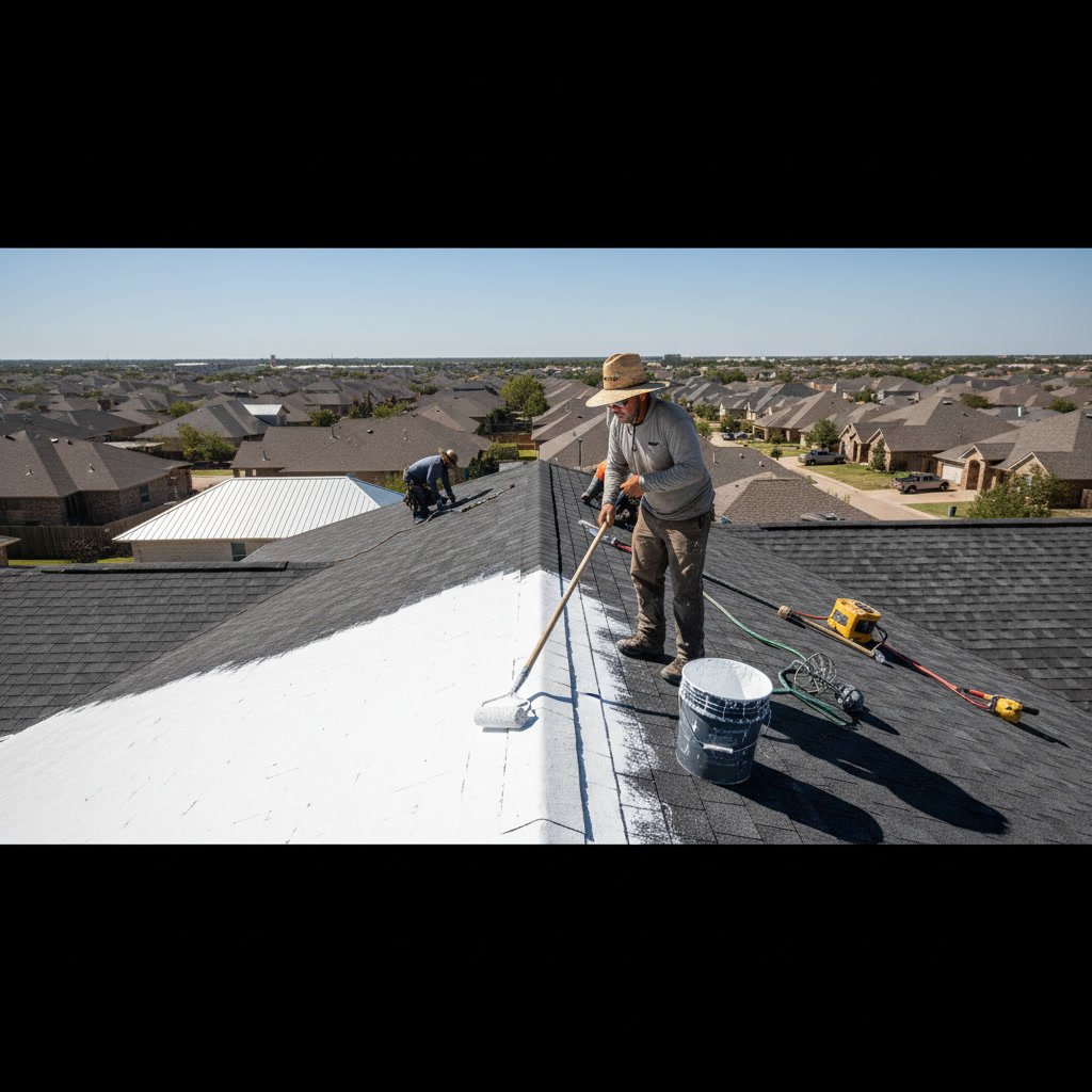 Texas residential roof with reflective coating under intense summer sun