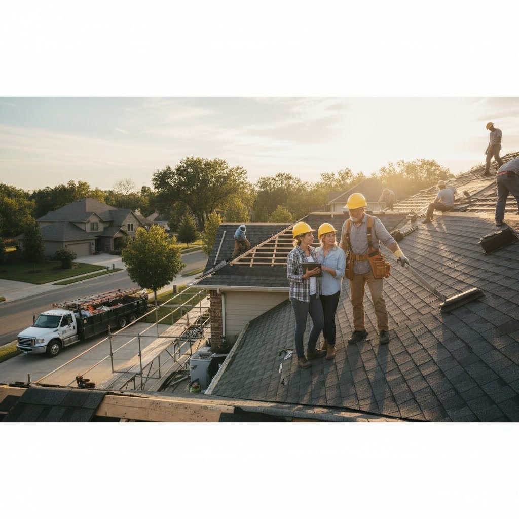 Professional roofing contractor examining residential roof quality and materials