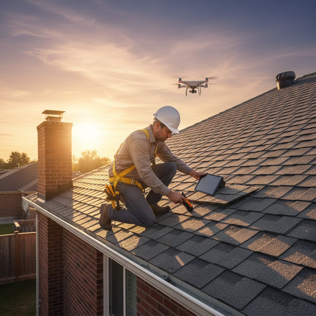 Professional roofing inspector examining residential roof with clipboard and safety equipment