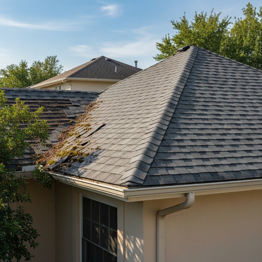 Professional roofer inspecting residential roof for repair or replacement needs
