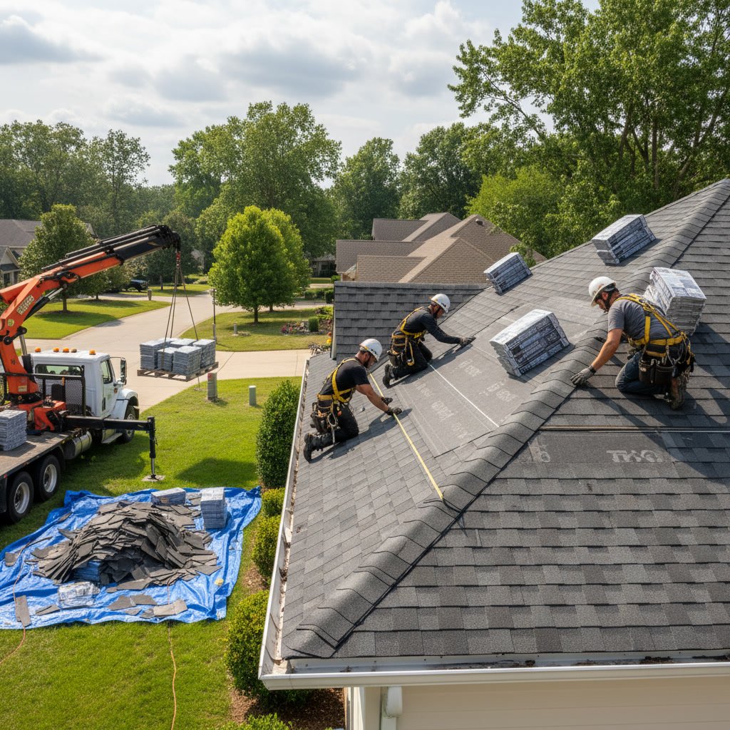Professional roofing crew installing metal roof with proper flashing and underlayment techniques