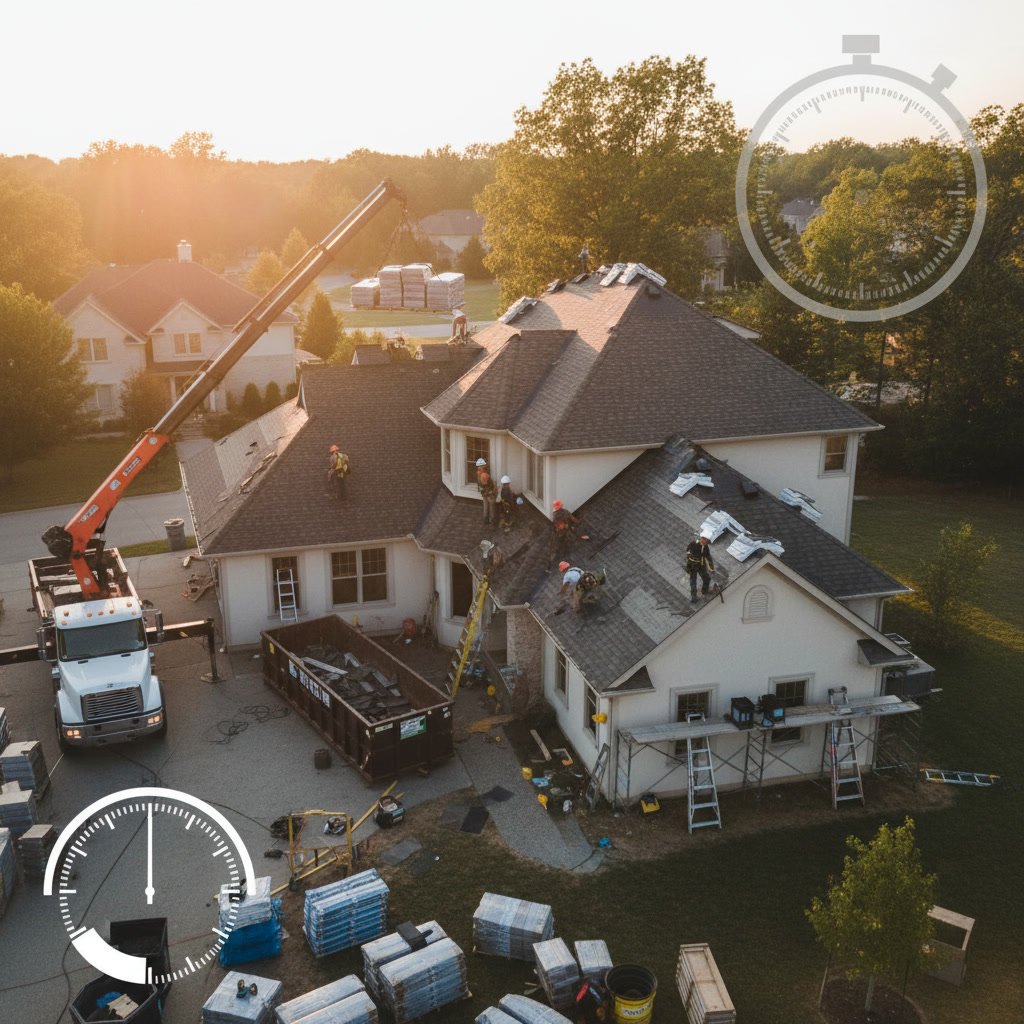 Professional roofing crew installing new roof on residential home