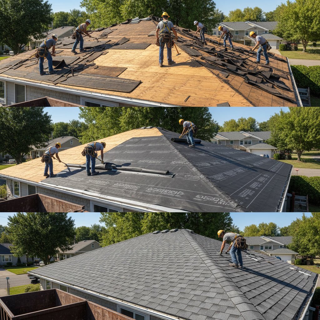 Professional roofing crew installing new roof on residential home
