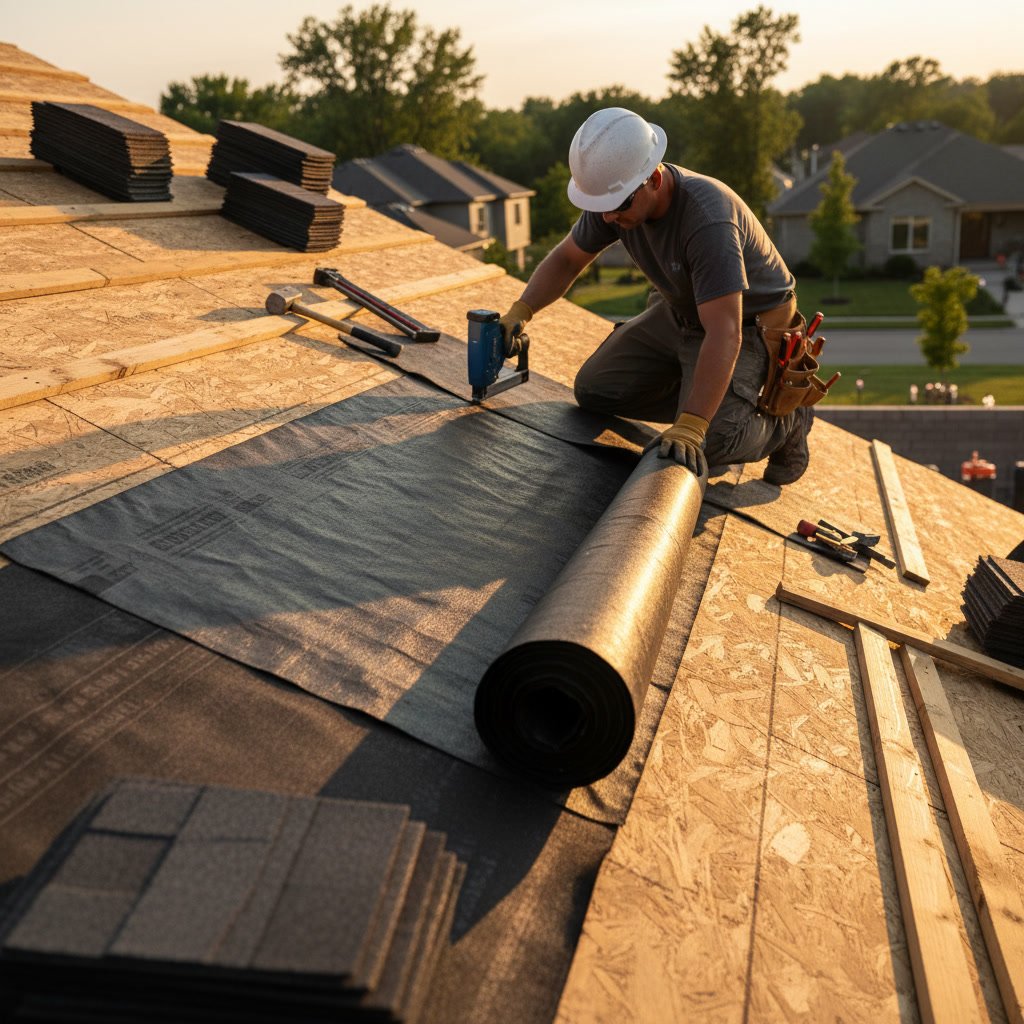 Roof underlayment installed over plywood decking before shingles
