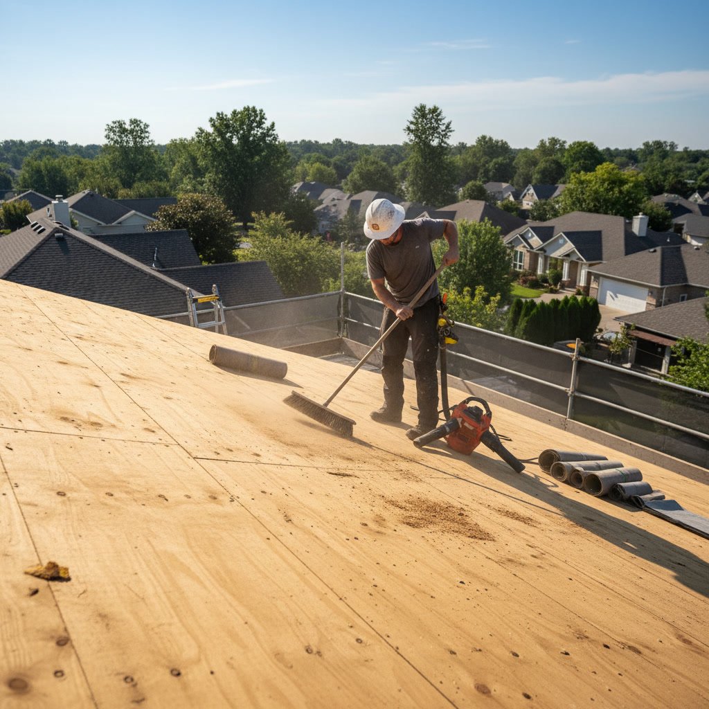 Professional roofer inspecting roof decking during installation preparation
