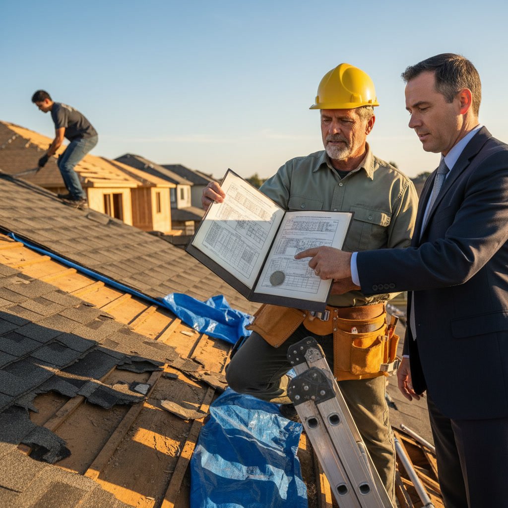 Roofing contractor reviewing insurance documents and license verification