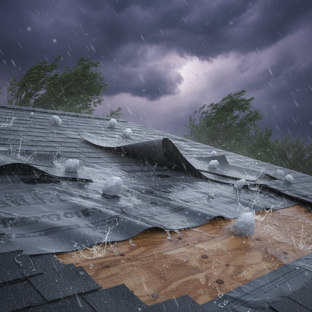 Synthetic roof underlayment protecting home during storm