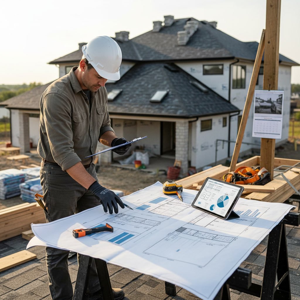 Roofing contractor showing material samples and warranty documents to homeowner