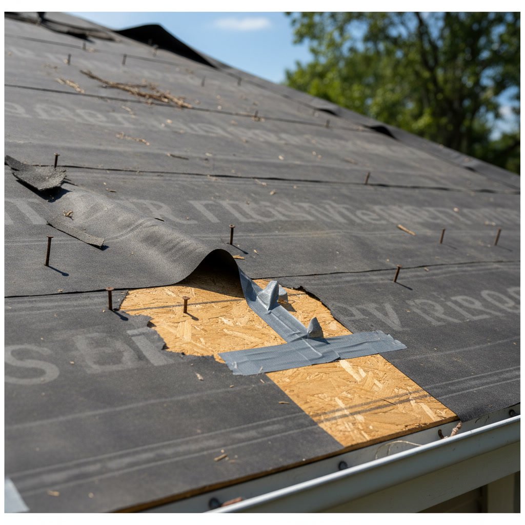 Close-up of properly lapped roof underlayment seams