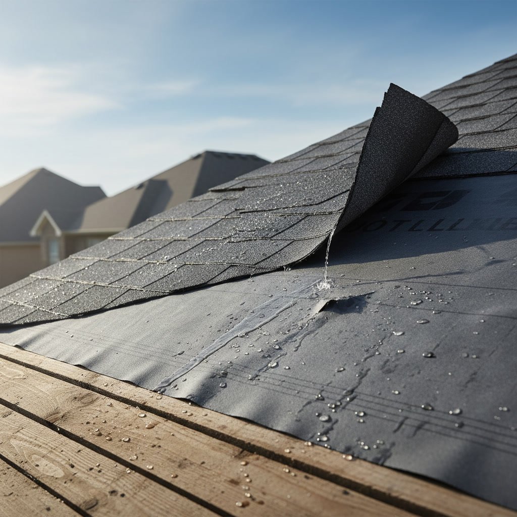 Professional roofer installing underlayment on residential home in Texas