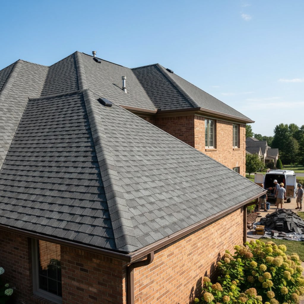 Professional roofing crew installing metal roof panels with precision