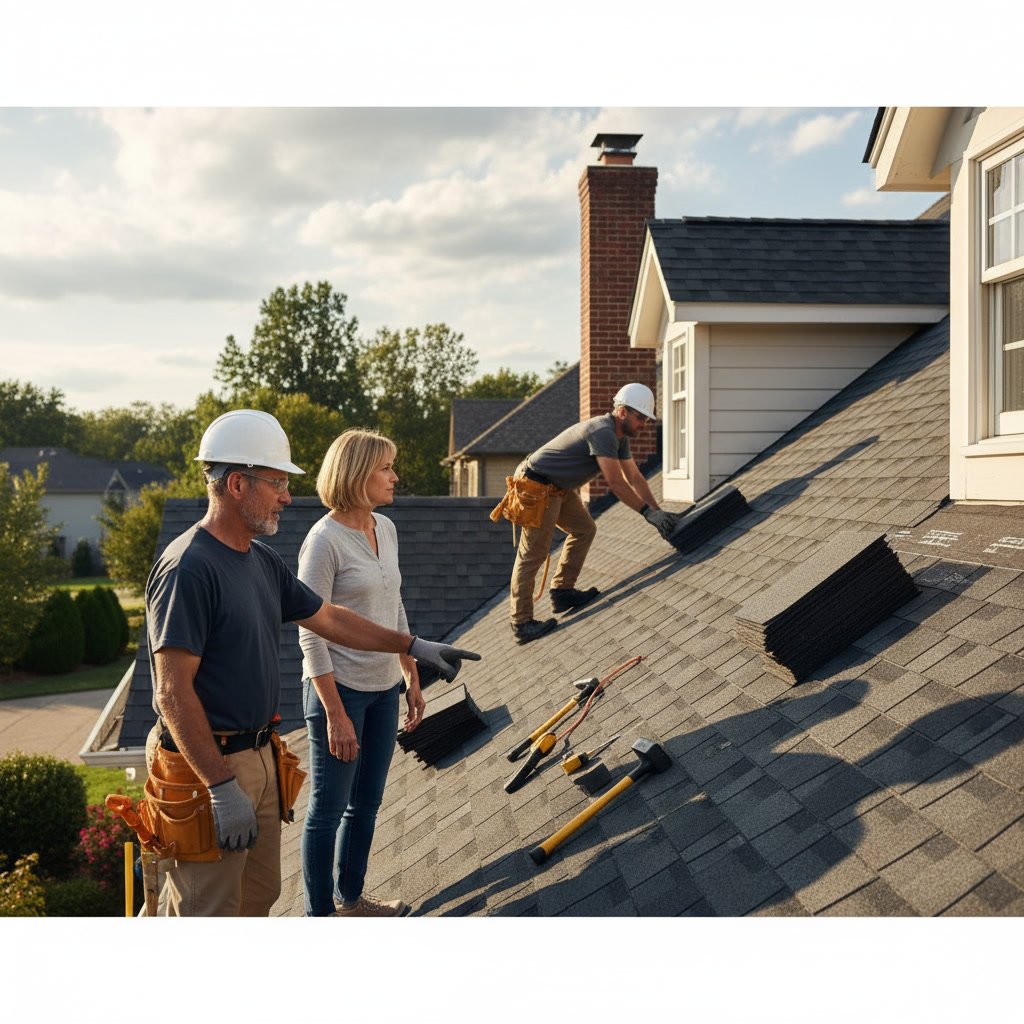 Professional roofing contractor meeting with homeowner to discuss project details