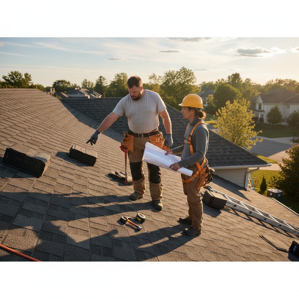 Professional roofing contractor discussing contract details with homeowner before roof installation