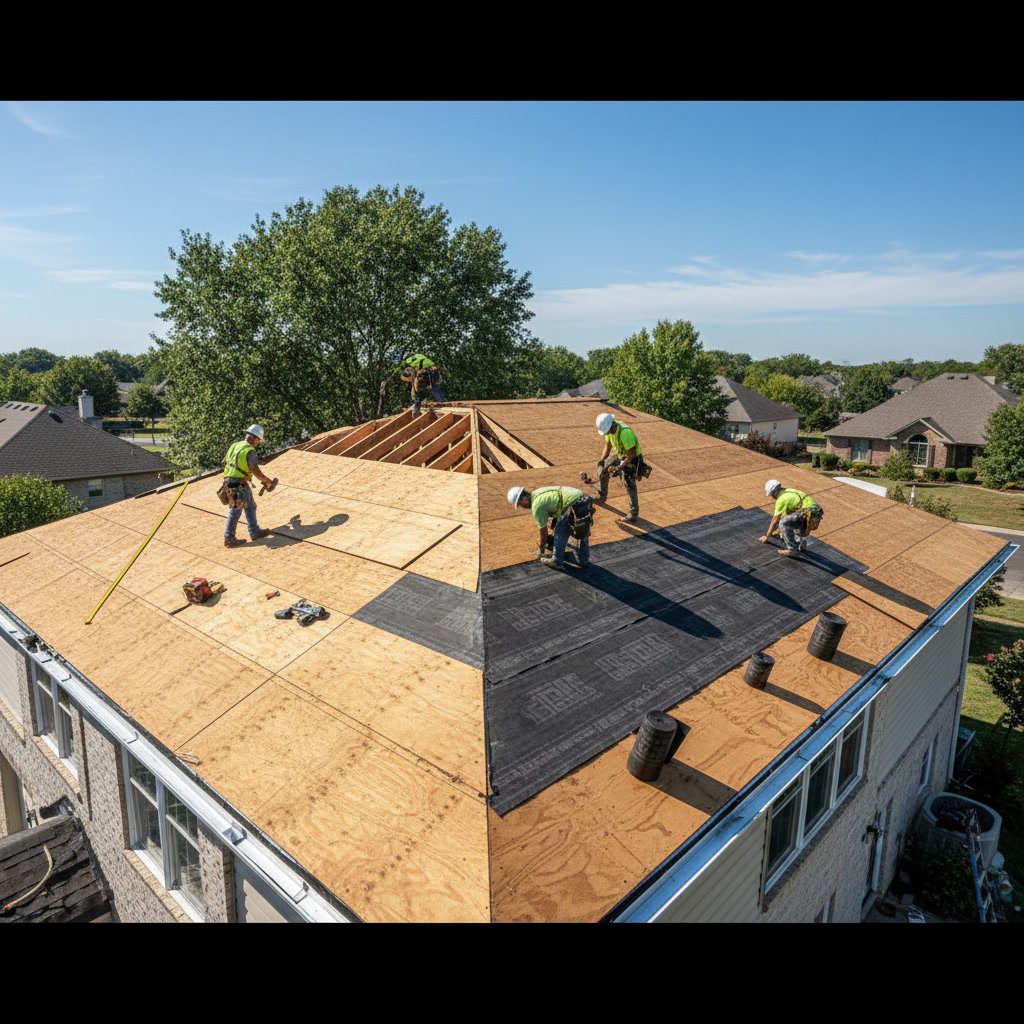 Standing seam metal roof panels being installed over roof decking