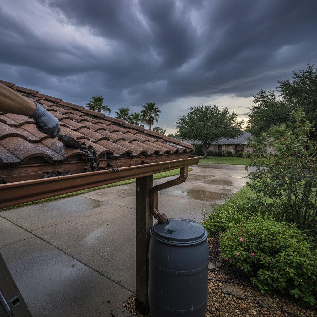 Homeowner inspecting roof gutters and drainage before hurricane season in Texas