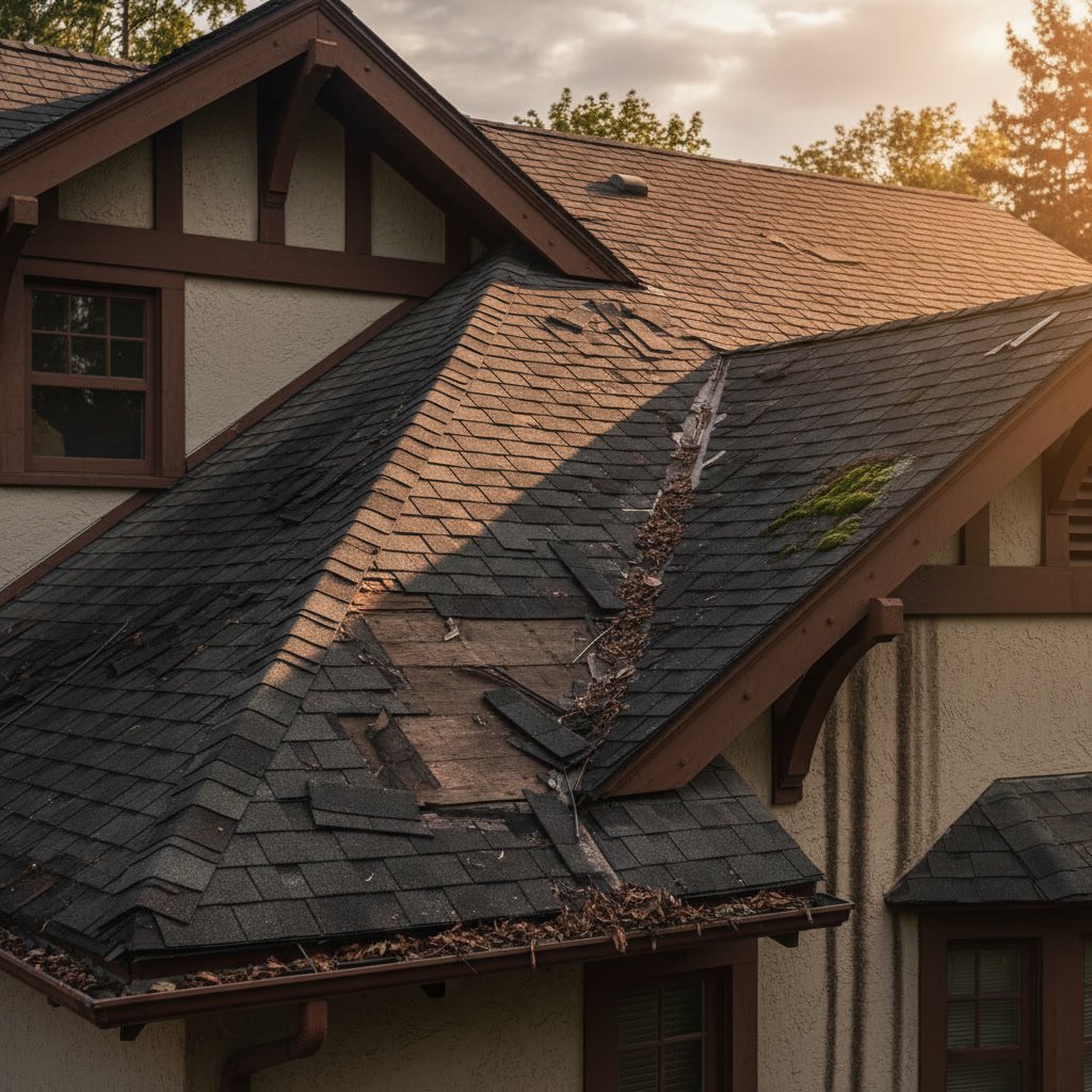 Close-up view of improper roof installation showing gaps and misaligned shingles
