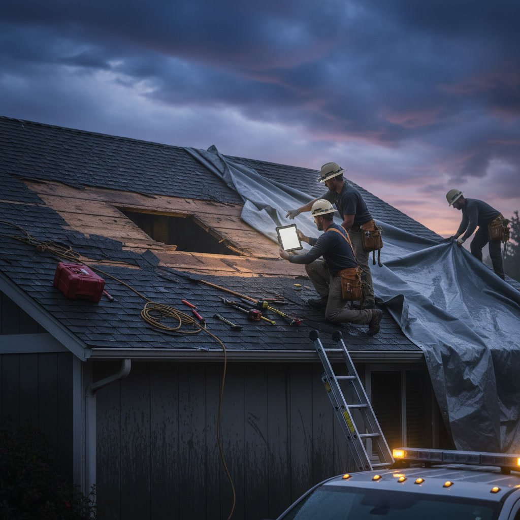 Roofing professional documenting storm damage with camera and measuring tools