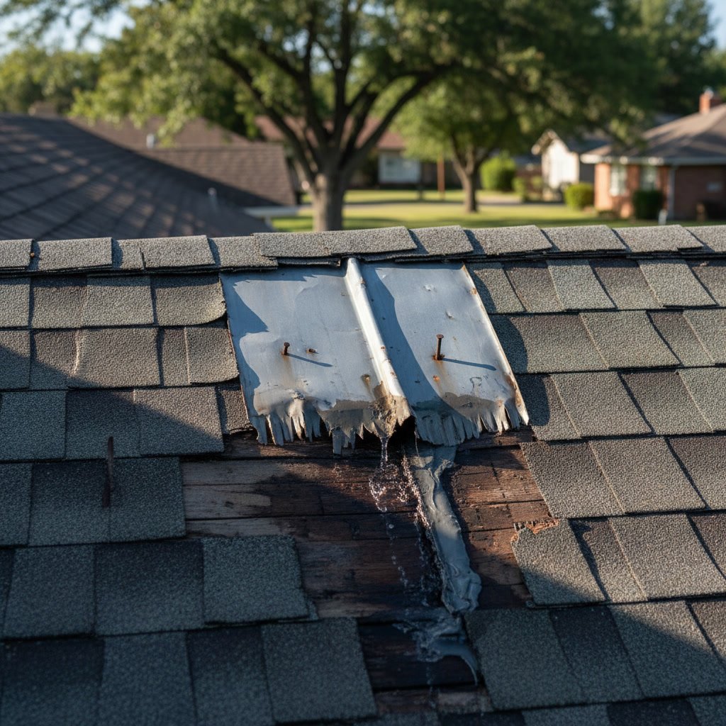 Detailed view of damaged roof flashing showing improper installation and water damage