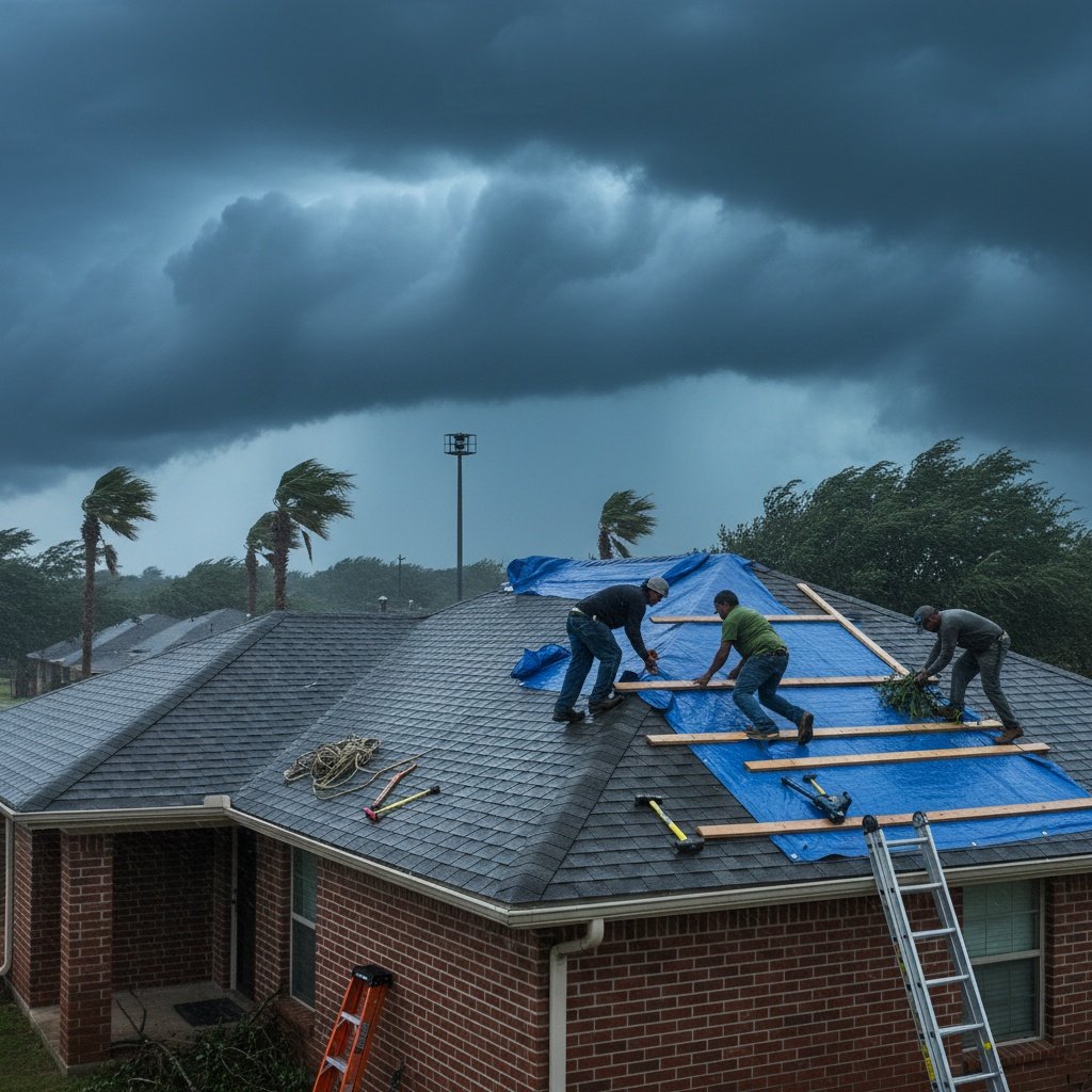 Texas home with reinforced roof showing proper storm preparation and secure roofing materials