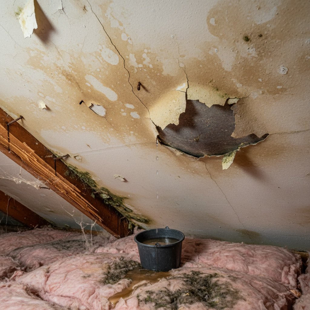 Interior attic view showing water damage and stains from poor roof installation