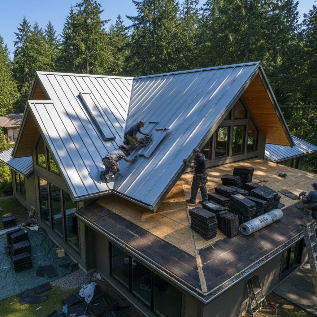 Metal roofing installation process showing standing seam panels