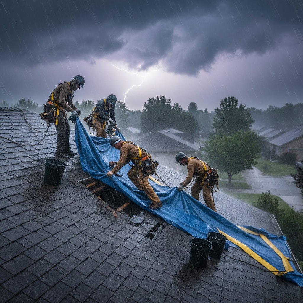 Emergency roof repair professional securing tarp over damaged residential roof during storm recovery