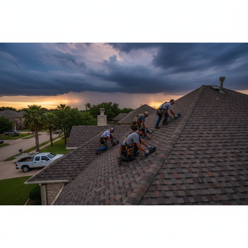 Texas home roof being inspected and prepared for hurricane season and severe storms