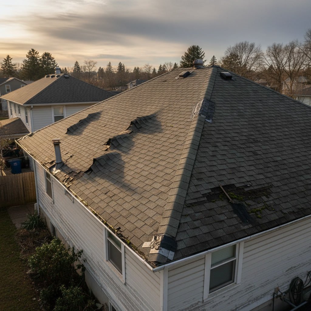 Professional roofer inspecting installation quality on a residential roof showing proper workmanship